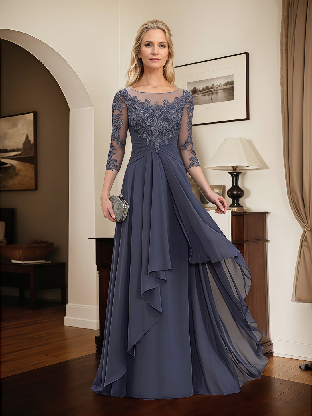 Illusion A-Line Scoop Neck 3/4 Sleeve Floor-Length Chiffon/Lace Mother of the Bride Dress With Cascading Ruffles/Appliques BabaMila