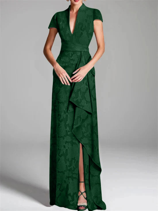 Sheath/Column V-Neck Short Sleeves Floor-Length Rose Lace Applique Mother Of The Bride Dresses With Split Side BabaMila