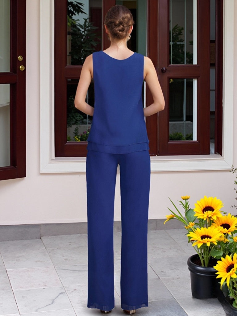 Chiffon 3 Pieces Floor-Length Mother Of The Bride Pantsuits With Jacket & Beadings BabaMila