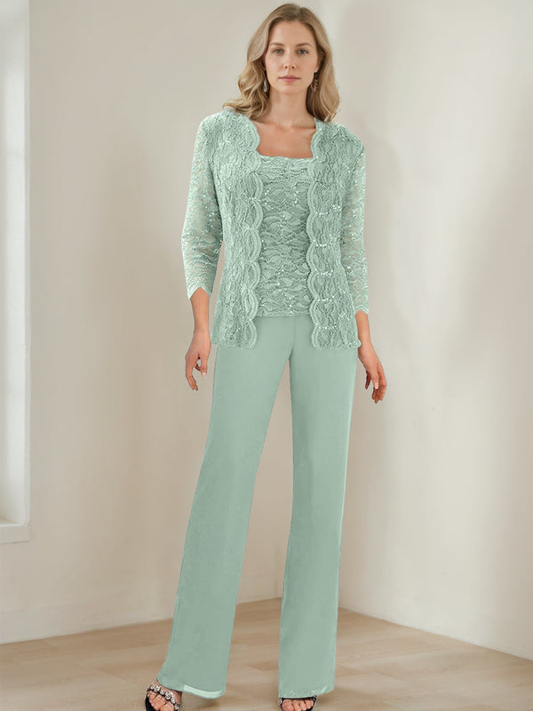 3 Pieces Square Neck 3/4 Sleeves Floor-Length Mother Of The Bride Pantsuits With Sequins BabaMila