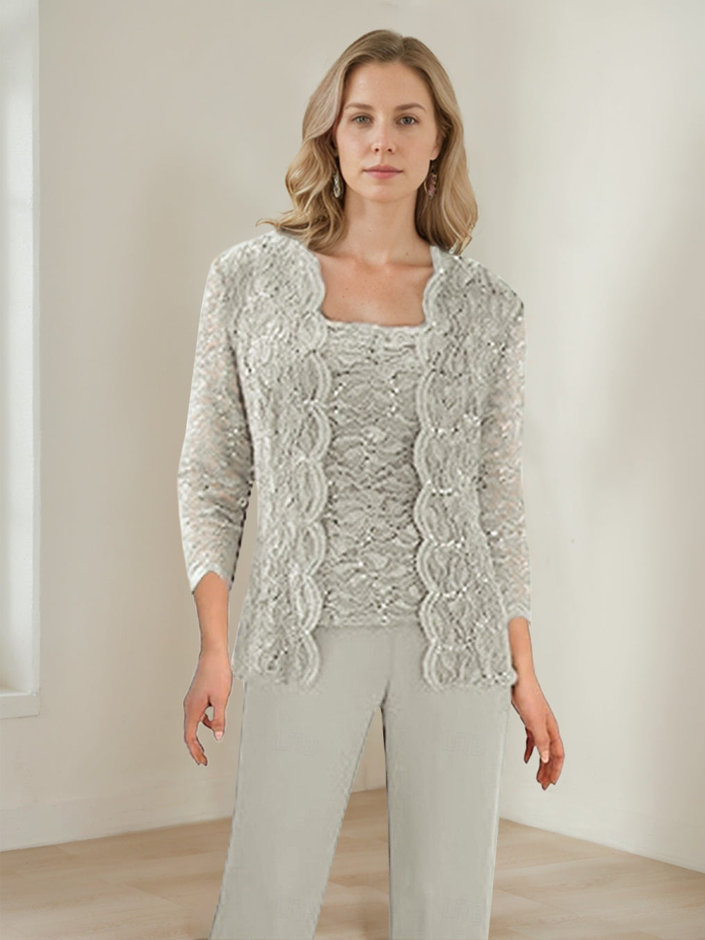 3 Pieces Square Neck 3/4 Sleeves Floor-Length Mother Of The Bride Pantsuits With Sequins BabaMila