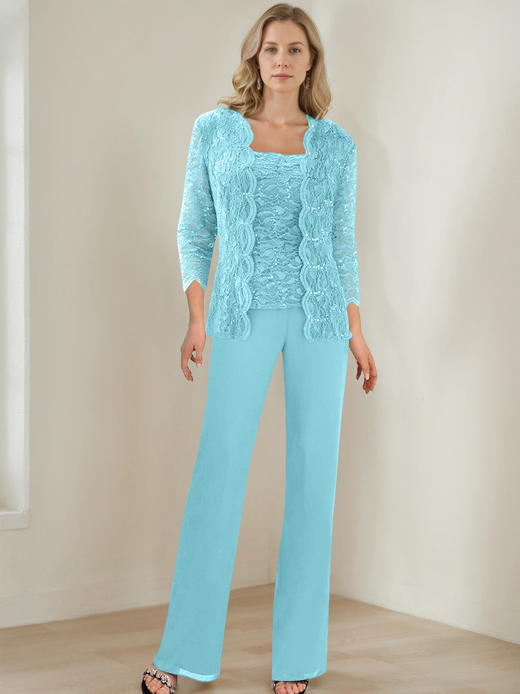 3 Pieces Square Neck 3/4 Sleeves Floor-Length Mother Of The Bride Pantsuits With Sequins BabaMila