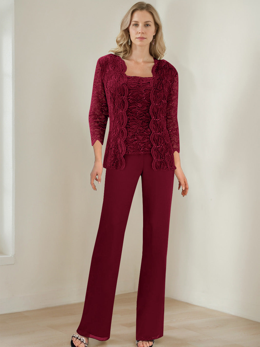 3 Pieces Square Neck 3/4 Sleeves Floor-Length Mother Of The Bride Pantsuits With Sequins BabaMila