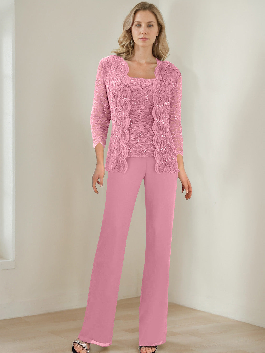 3 Pieces Square Neck 3/4 Sleeves Floor-Length Mother Of The Bride Pantsuits With Sequins BabaMila