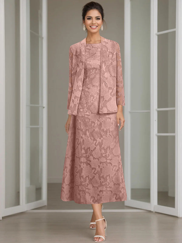 Sheath/Column Jewel Neck Tea-Length Rose Lace Applique Mother Of The Bride Dresses With Jacket BabaMila