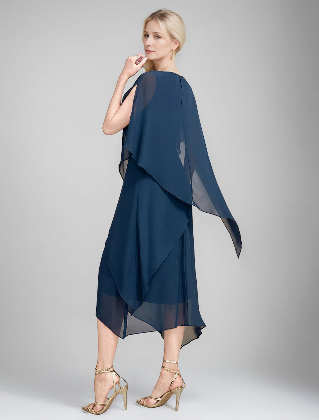 A-Line/Princess Jewel Neck Cape Sleeves Asymmetrical Mother Of The Bride Dresses BabaMila