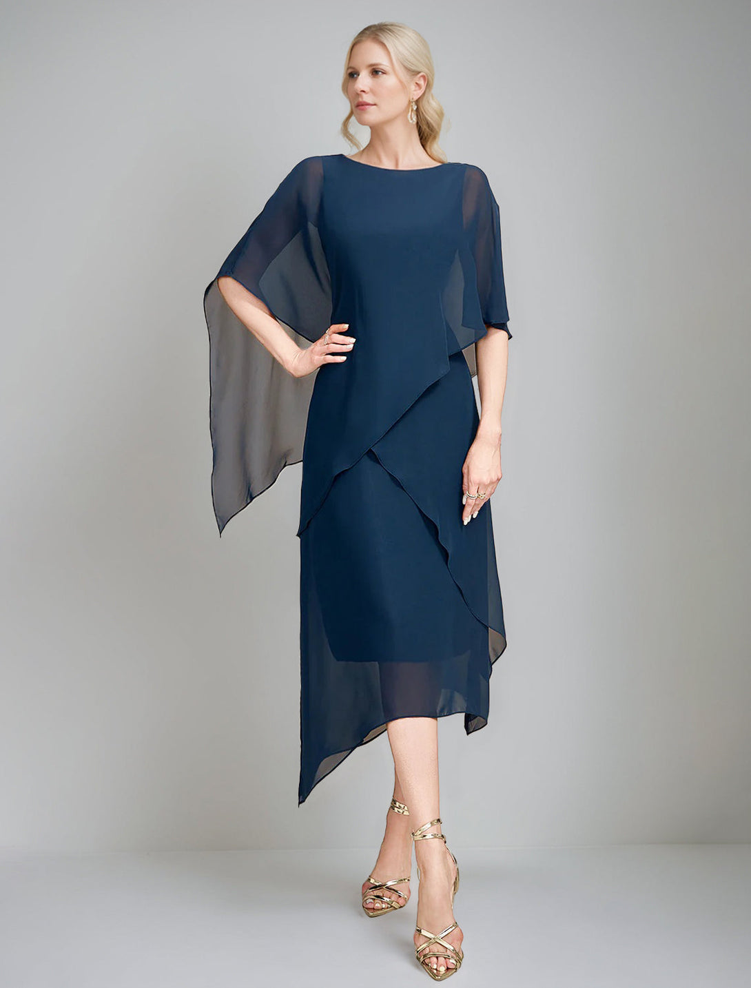 A-Line/Princess Jewel Neck Cape Sleeves Asymmetrical Mother Of The Bride Dresses BabaMila