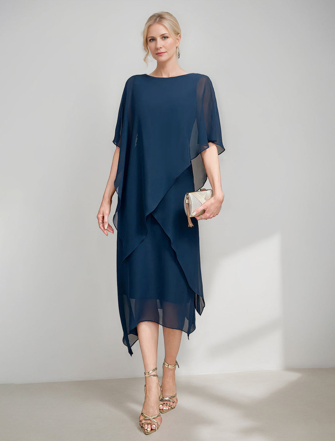 A-Line/Princess Jewel Neck Cape Sleeves Asymmetrical Mother Of The Bride Dresses BabaMila