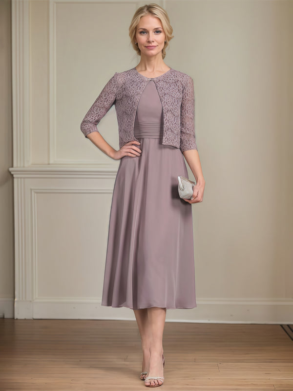 A-Line Scoop Neck 3/4 Sleeve Tea-Length Chiffon/Lace Mother of the Bride Dress With Pleated/Jacket BabaMila