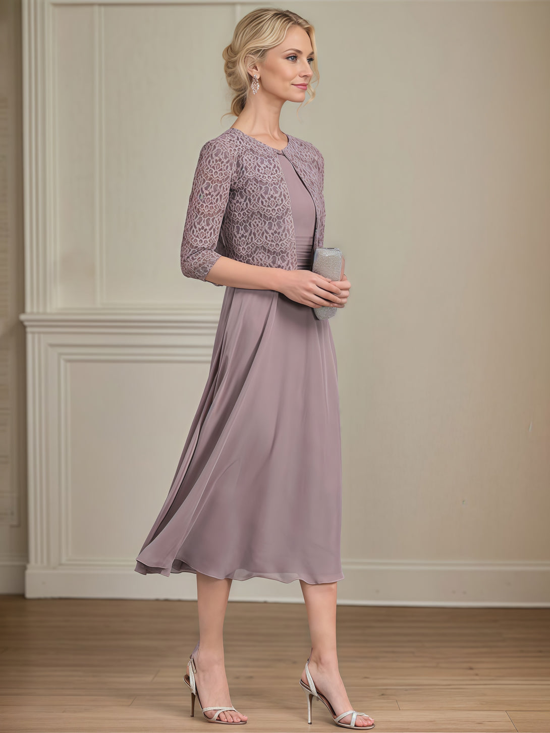 A-Line Scoop Neck 3/4 Sleeve Tea-Length Chiffon/Lace Mother of the Bride Dress With Pleated/Jacket BabaMila