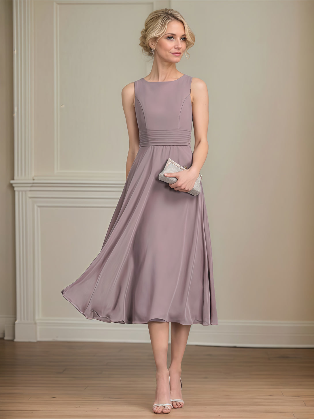 A-Line Scoop Neck 3/4 Sleeve Tea-Length Chiffon/Lace Mother of the Bride Dress With Pleated/Jacket BabaMila