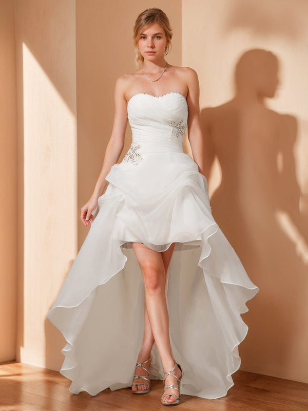 A-Line/Princess Strapless Sleeveless Asymmetrical Wedding Dress with Beading & Lace BabaMila