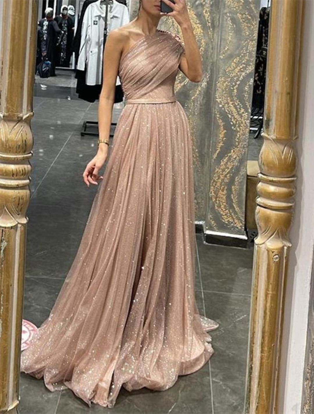 A-Line/Princess Sequined Tulle One-Shoulder Long Prom Dresses With Sequins/Beads BabaMila
