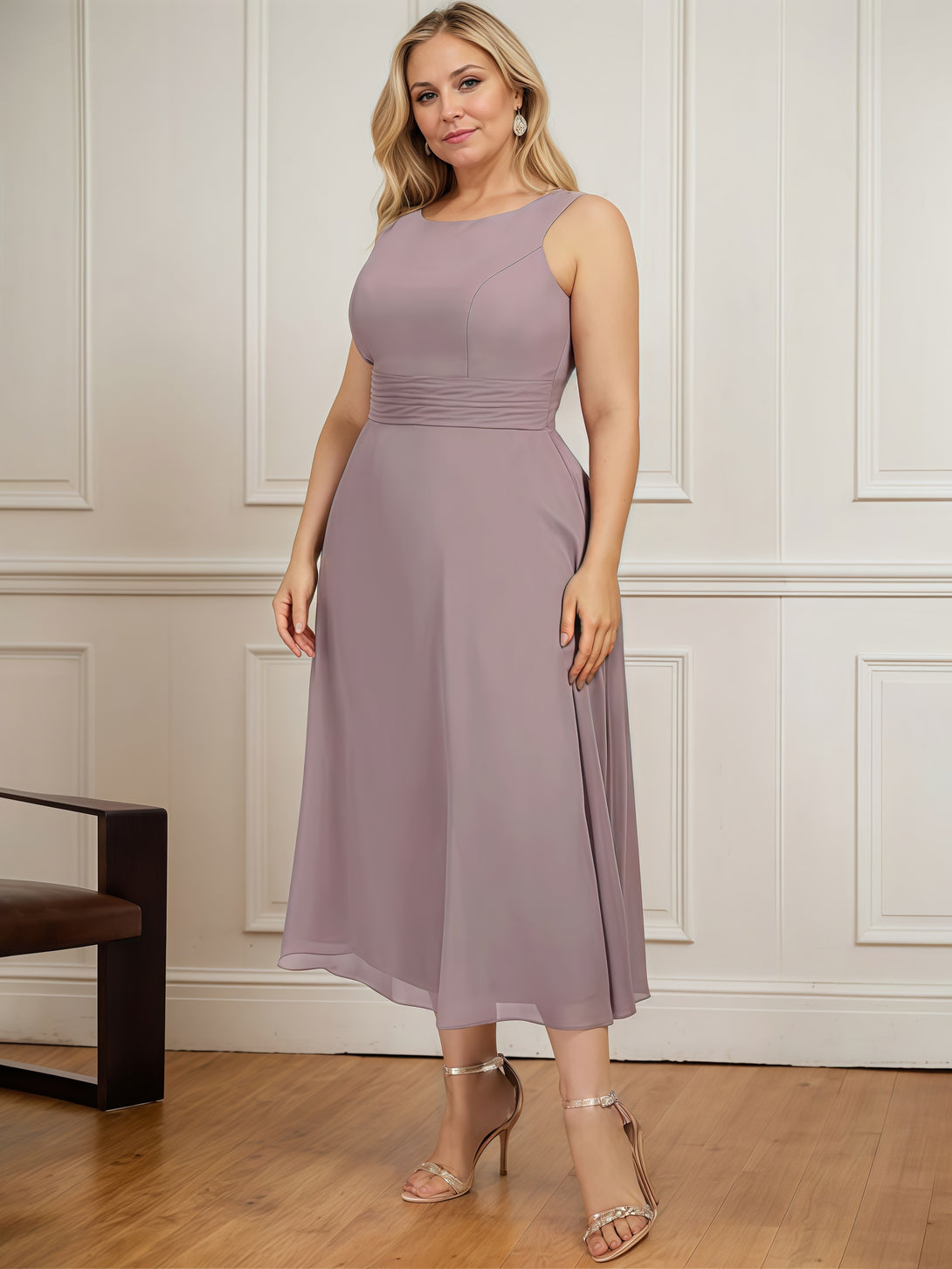 A-Line Scoop Neck 3/4 Sleeve Tea-Length Chiffon/Lace Mother of the Bride Dress With Pleated/Jacket BabaMila
