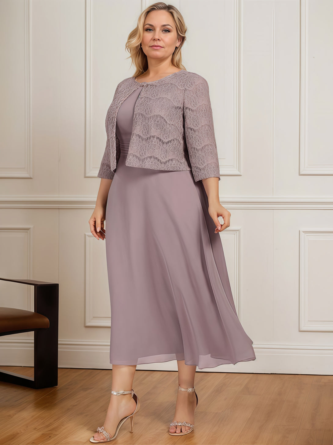 A-Line Scoop Neck 3/4 Sleeve Tea-Length Chiffon/Lace Mother of the Bride Dress With Pleated/Jacket BabaMila