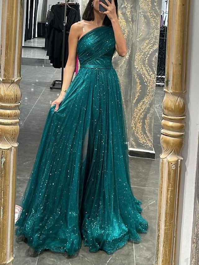 A-Line/Princess Sequined Tulle One-Shoulder Long Prom Dresses With Sequins/Beads BabaMila