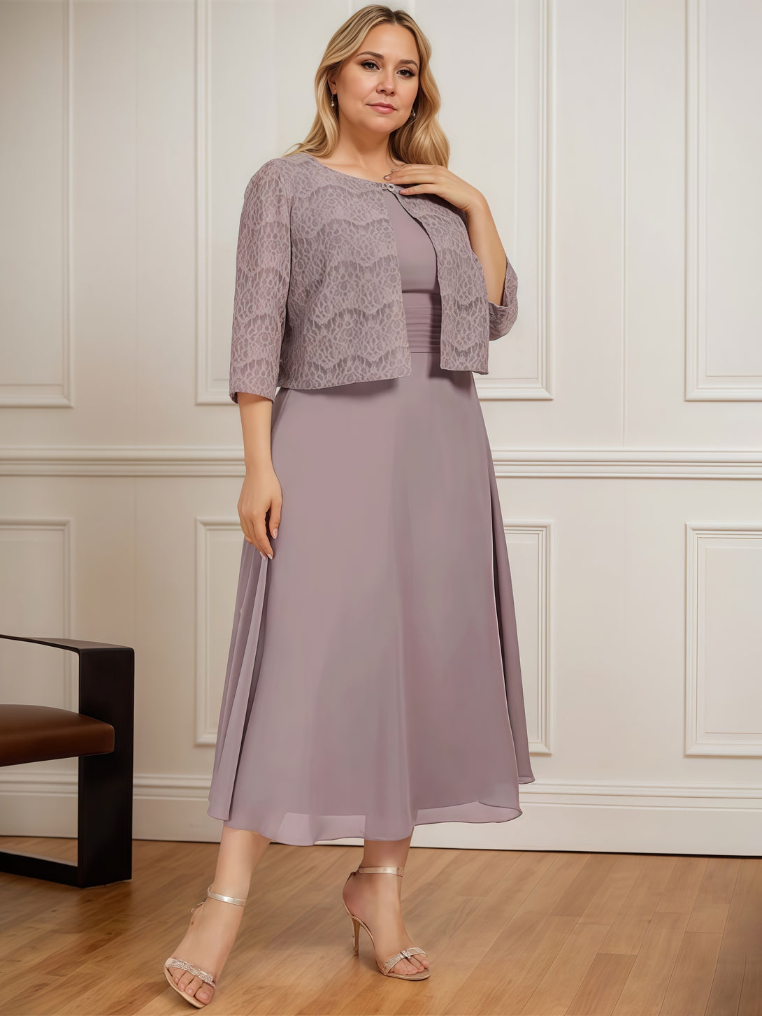 A-Line Scoop Neck 3/4 Sleeve Tea-Length Chiffon/Lace Mother of the Bride Dress With Pleated/Jacket BabaMila