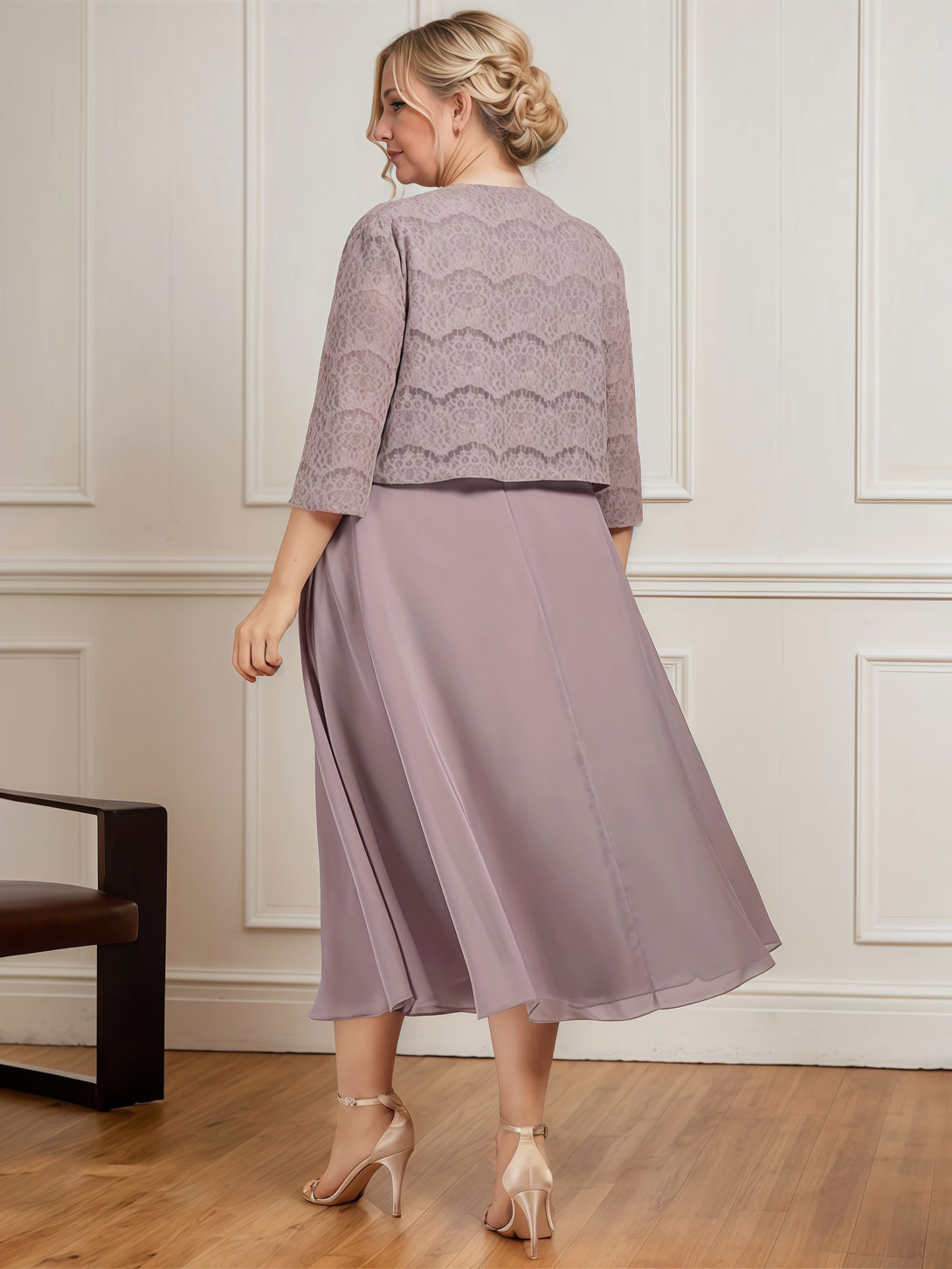 A-Line Scoop Neck 3/4 Sleeve Tea-Length Chiffon/Lace Mother of the Bride Dress With Pleated/Jacket BabaMila