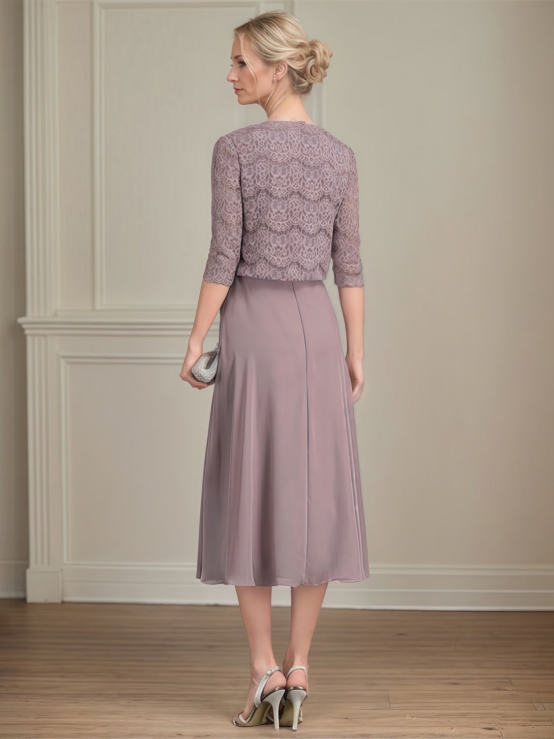 A-Line Scoop Neck 3/4 Sleeve Tea-Length Chiffon/Lace Mother of the Bride Dress With Pleated/Jacket BabaMila