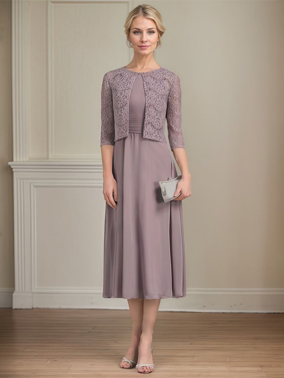 A-Line Scoop Neck 3/4 Sleeve Tea-Length Chiffon/Lace Mother of the Bride Dress With Pleated/Jacket BabaMila