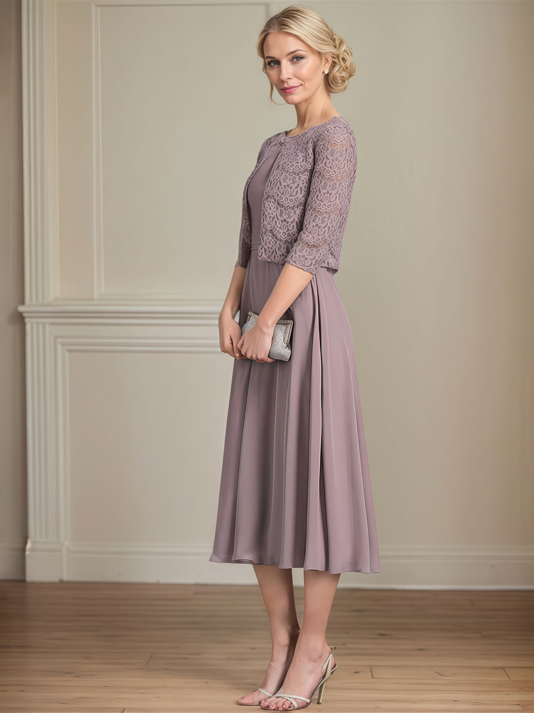 A-Line Scoop Neck 3/4 Sleeve Tea-Length Chiffon/Lace Mother of the Bride Dress With Pleated/Jacket BabaMila