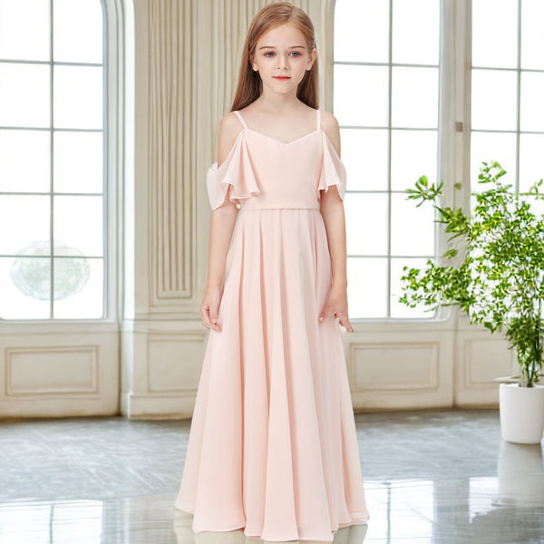 Simple A-Line Cold Shoulder Cape Floor-Length Chiffon Junior Bridesmaid Dress/Girls Birthday Dresses Gidiondress