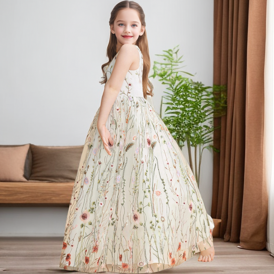 A-Line Sleeveless V-Neck Floor-Length Lace/Satin Flower Girl Dresses/Girls Birthday Dresses With Floral Lace/Belt Girls Gidiondress