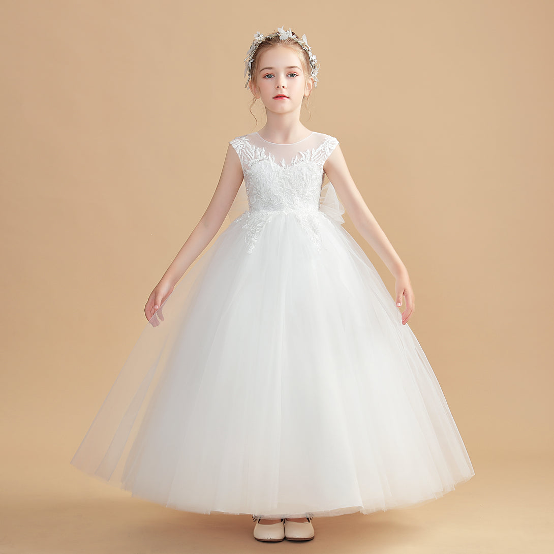 Ball Gown/Princess Sleeveless Scoop Neck Floor-Length Tulle/Lace Flower Girl Dresses/First Communion Dress With Bow/Appliques Gidiondress Ivory 12M