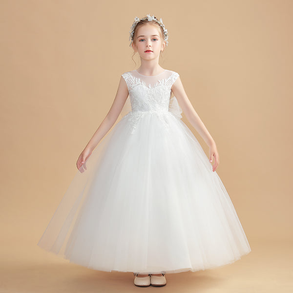 Ball Gown/Princess Sleeveless Scoop Neck Floor-Length Tulle/Lace Flower Girl Dresses/First Communion Dress With Bow/Appliques Gidiondress Ivory 12M