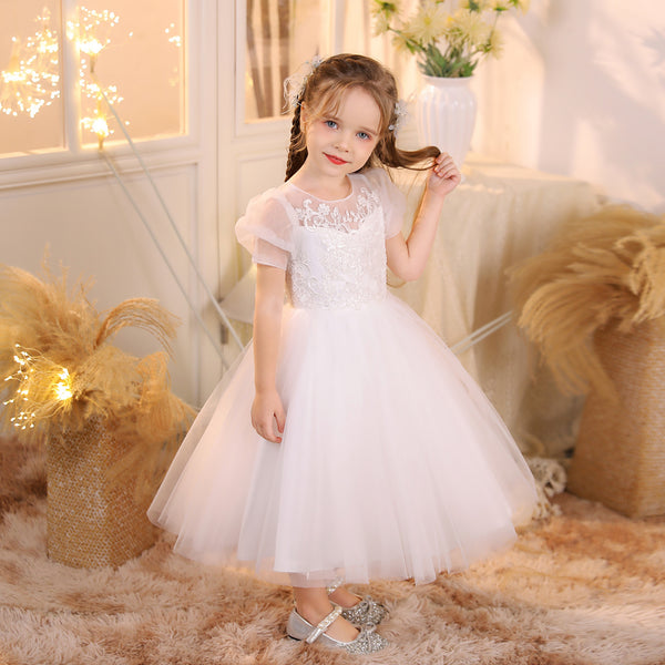 Ball Gown/Princess Scoop Neck Short Sleeve Lace/Tulle/Satin Ivory Tea-Length Flower Girl Dresses/Party Dresses With Appliques/Bow Girls Gidiondress