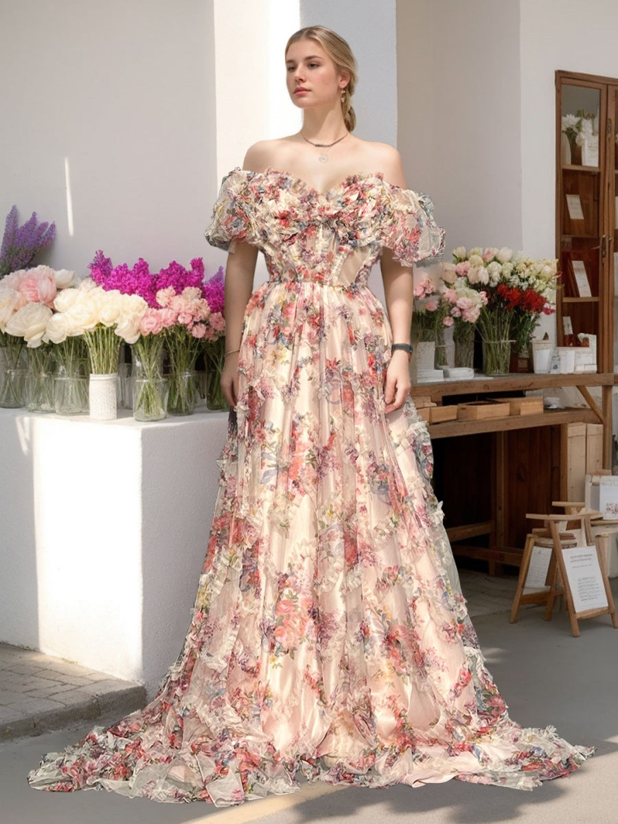 A-Line/Princess Off-the-Shoulder Puff Sleeve Floor-Length Sweetheart Prom Dress BabaMila