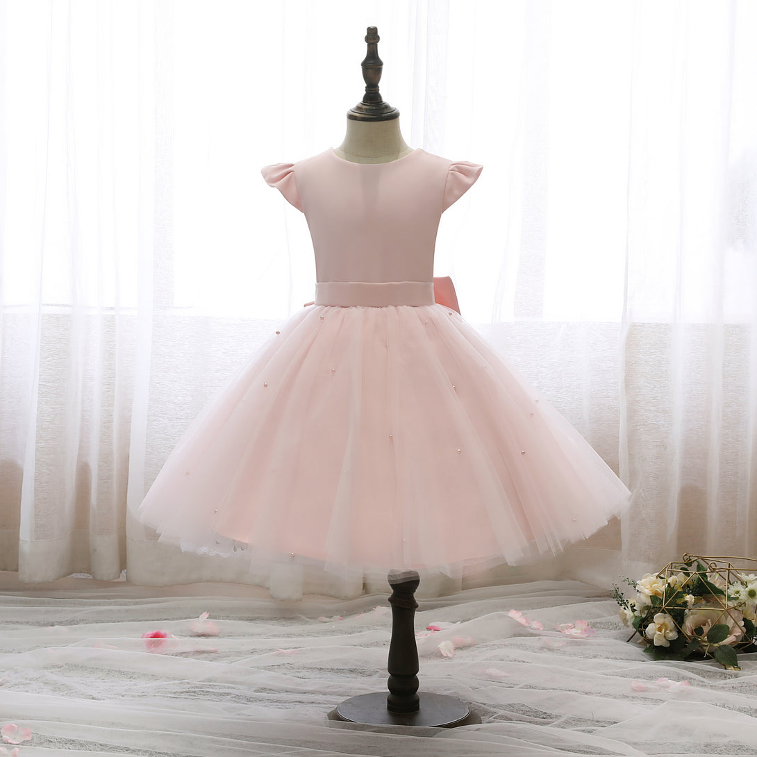 Scoop Neck Flutter Straps Knee-Length Satin/Tulle Holiday＆Christmas Dresses With Bow/Belt/Beads Gidiondress