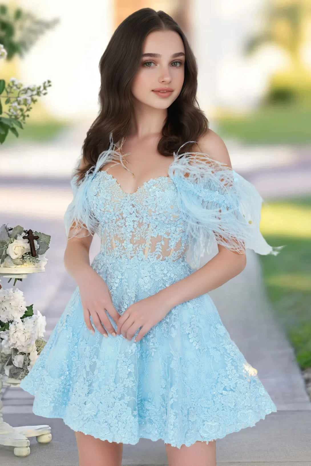 Off Shoulder Short Ruffle Lace Cocktail Dress Sky Blue Homecoming Dress BabaMila