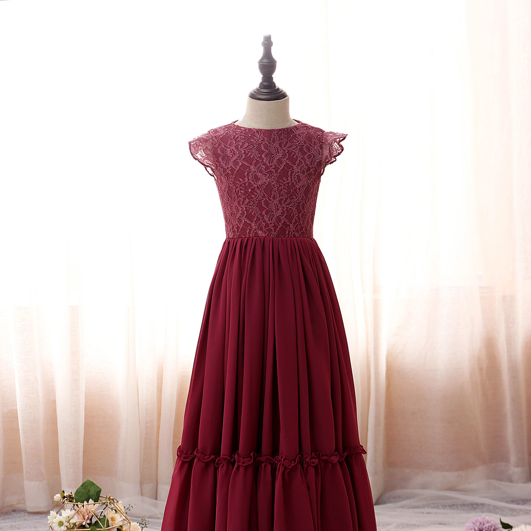 Boat Neck Flutter Straps Floor-Length Lace/Chiffon Girls Birthday Dresses With Ruffled Hem Gidiondress