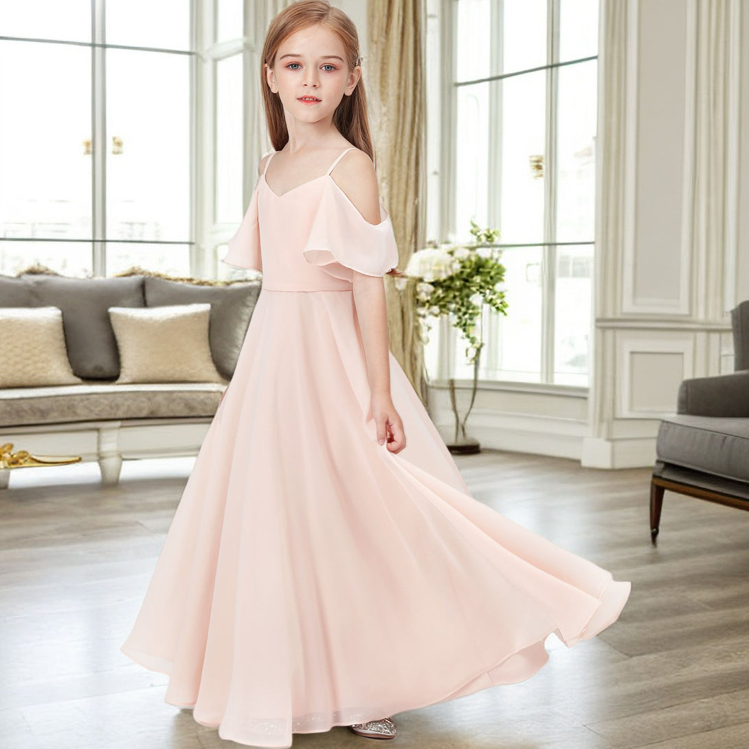 Simple A-Line Cold Shoulder Cape Floor-Length Chiffon Junior Bridesmaid Dress/Girls Birthday Dresses Gidiondress