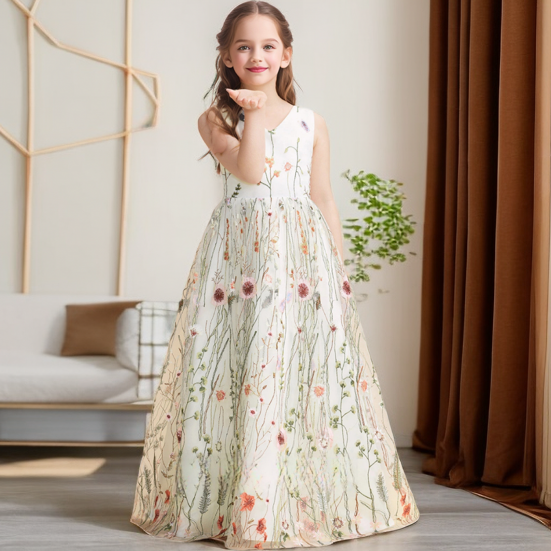 A-Line Sleeveless V-Neck Floor-Length Lace/Satin Flower Girl Dresses/Girls Birthday Dresses With Floral Lace/Belt Girls Gidiondress as picture 12M