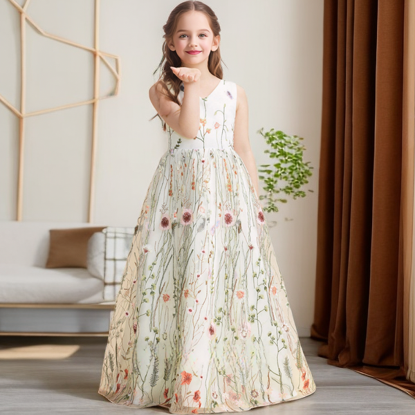 A-Line Sleeveless V-Neck Floor-Length Lace/Satin Flower Girl Dresses/Girls Birthday Dresses With Floral Lace/Belt Girls Gidiondress as picture 12M