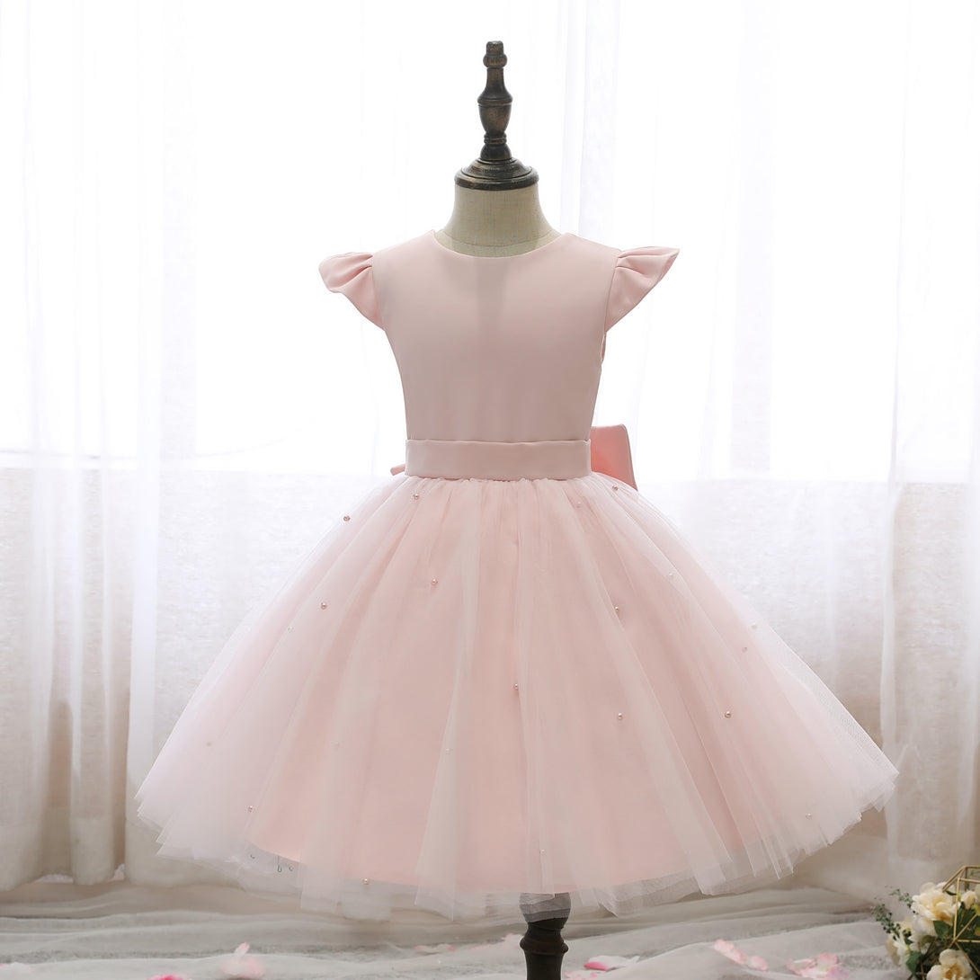 Scoop Neck Flutter Straps Knee-Length Satin/Tulle Holiday＆Christmas Dresses With Bow/Belt/Beads Gidiondress