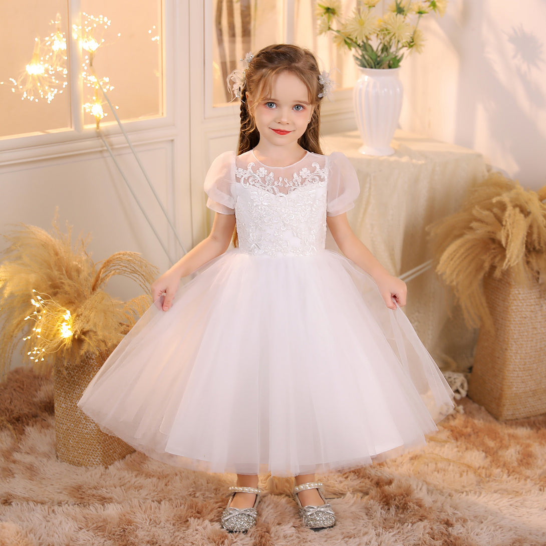 Ball Gown/Princess Scoop Neck Short Sleeve Lace/Tulle/Satin Ivory Tea-Length Flower Girl Dresses/Party Dresses With Appliques/Bow Girls Gidiondress Ivory 12M