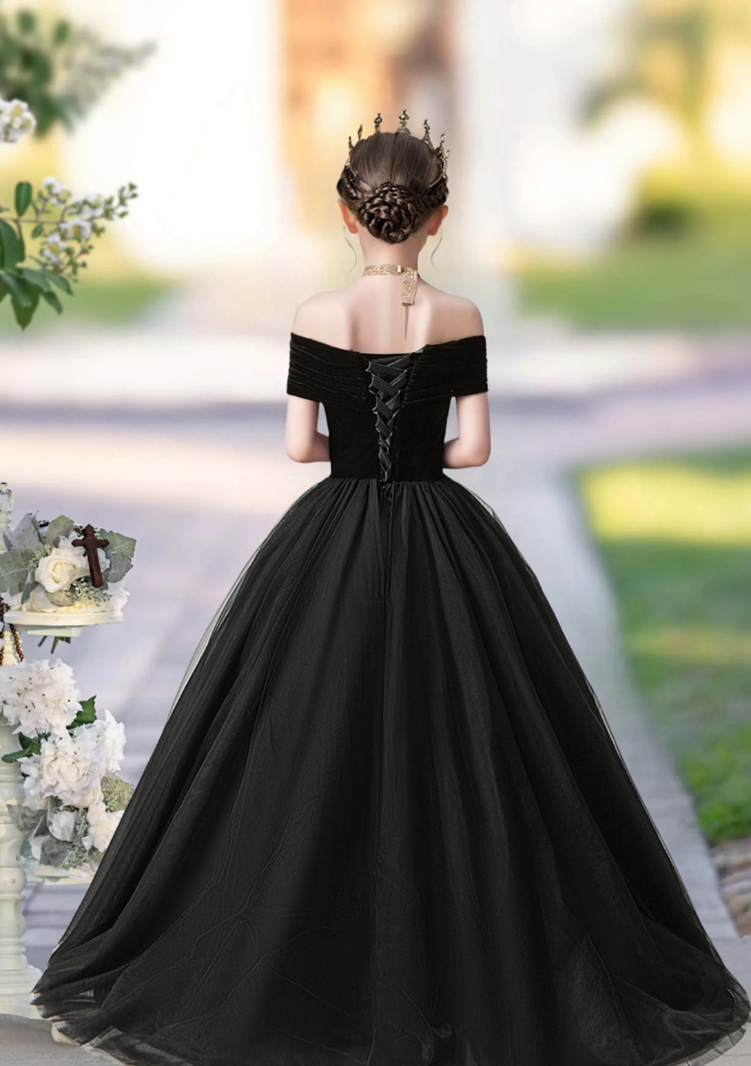 Ball Gown Off-the-Ohoulder Floor-Length Velvet/Tulle Girls Birthday Dresses With Beads Girls Gidiondress