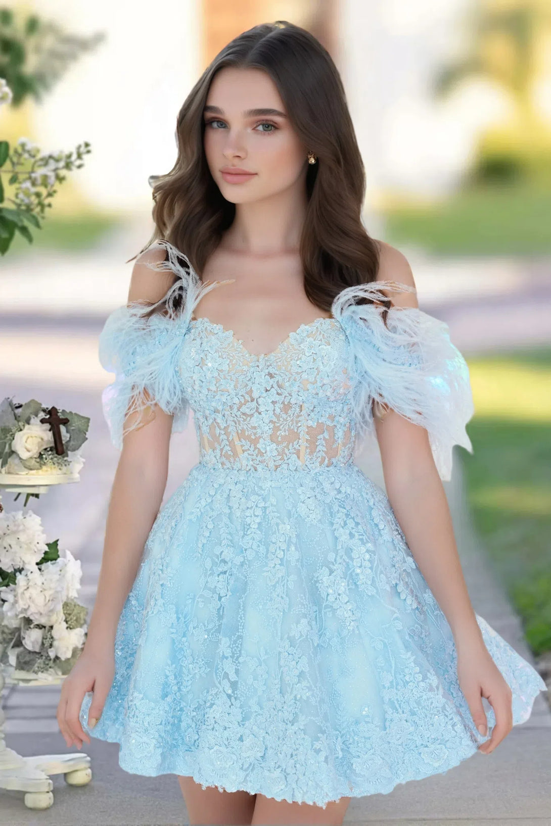 Off Shoulder Short Ruffle Lace Cocktail Dress Sky Blue Homecoming Dress BabaMila