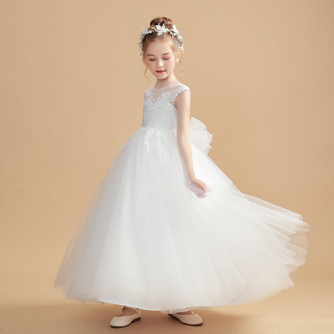 Ball Gown/Princess Sleeveless Scoop Neck Floor-Length Tulle/Lace Flower Girl Dresses/First Communion Dress With Bow/Appliques Gidiondress