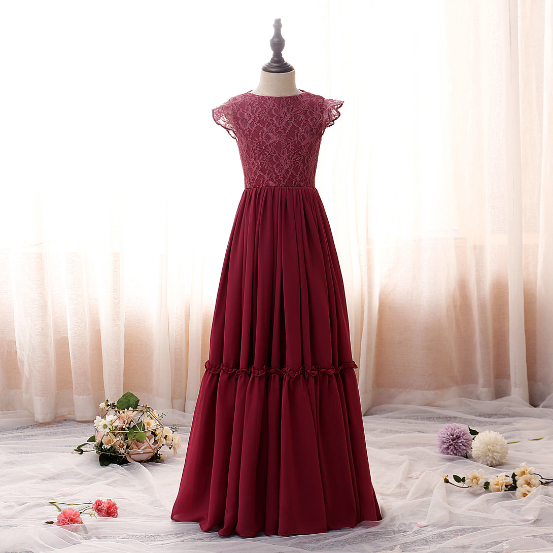 Boat Neck Flutter Straps Floor-Length Lace/Chiffon Girls Birthday Dresses With Ruffled Hem Gidiondress