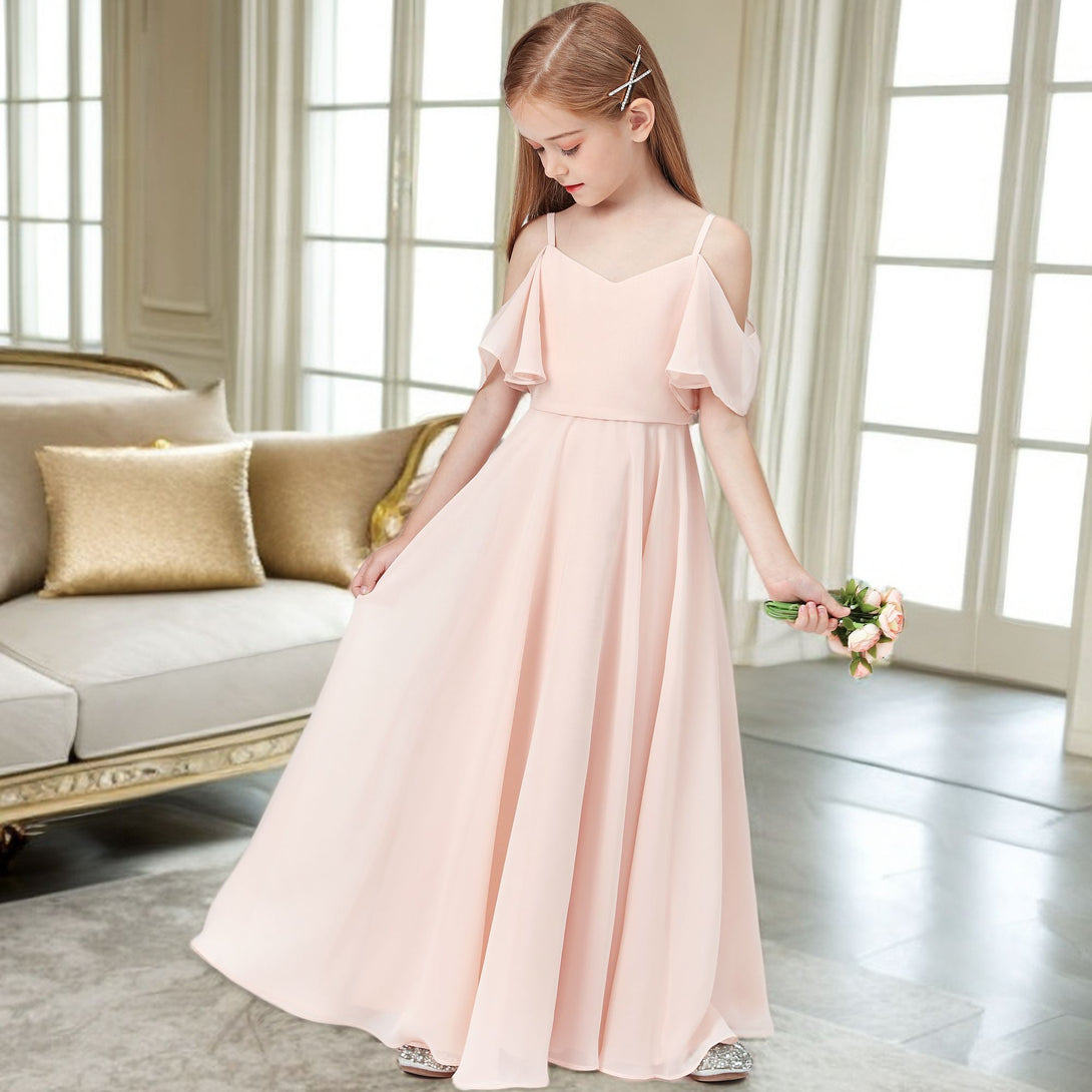 Simple A-Line Cold Shoulder Cape Floor-Length Chiffon Junior Bridesmaid Dress/Girls Birthday Dresses Gidiondress