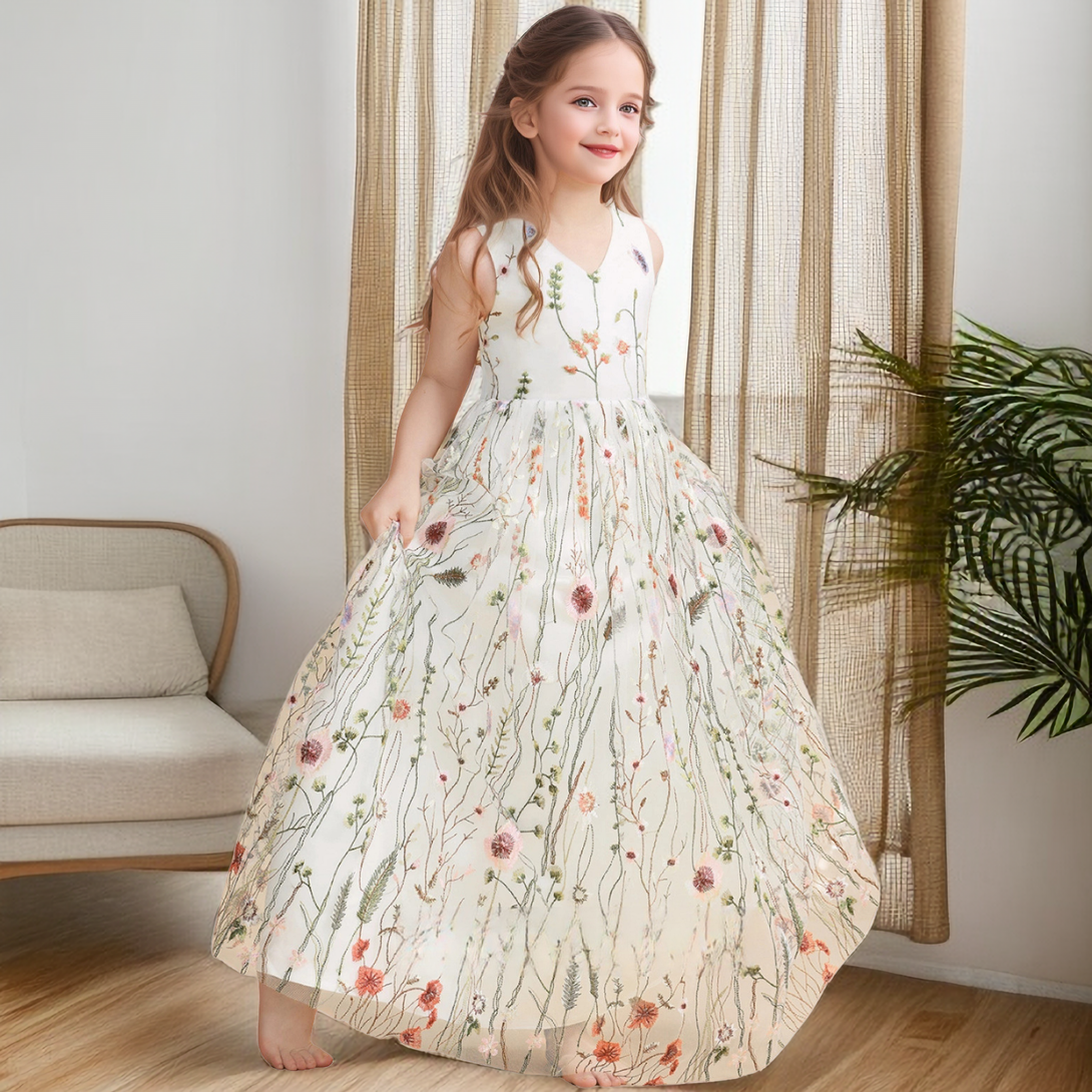 A-Line Sleeveless V-Neck Floor-Length Lace/Satin Flower Girl Dresses/Girls Birthday Dresses With Floral Lace/Belt Girls Gidiondress
