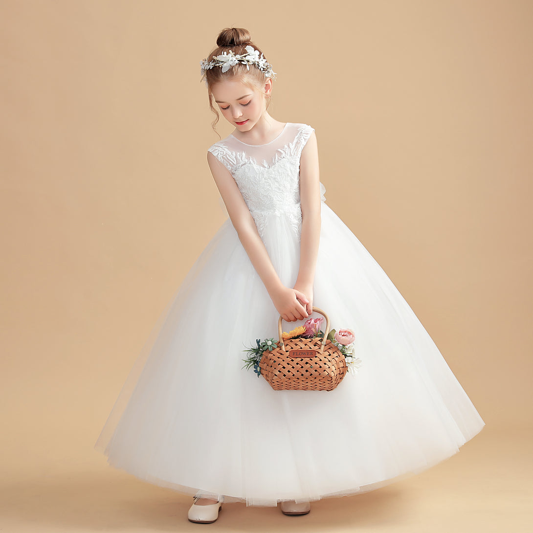 Ball Gown/Princess Sleeveless Scoop Neck Floor-Length Tulle/Lace Flower Girl Dresses/First Communion Dress With Bow/Appliques Gidiondress