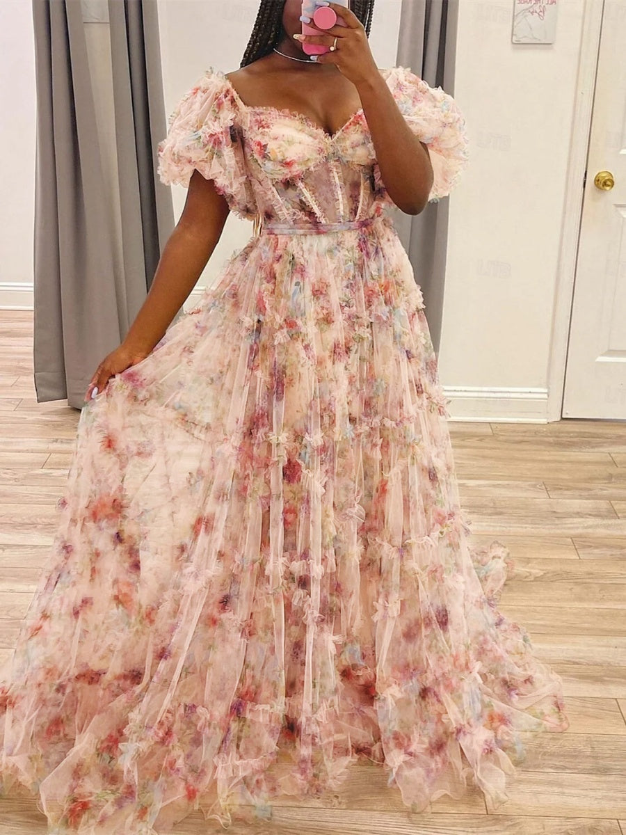 A-Line/Princess Off-the-Shoulder Puff Sleeve Floor-Length Sweetheart Prom Dress BabaMila