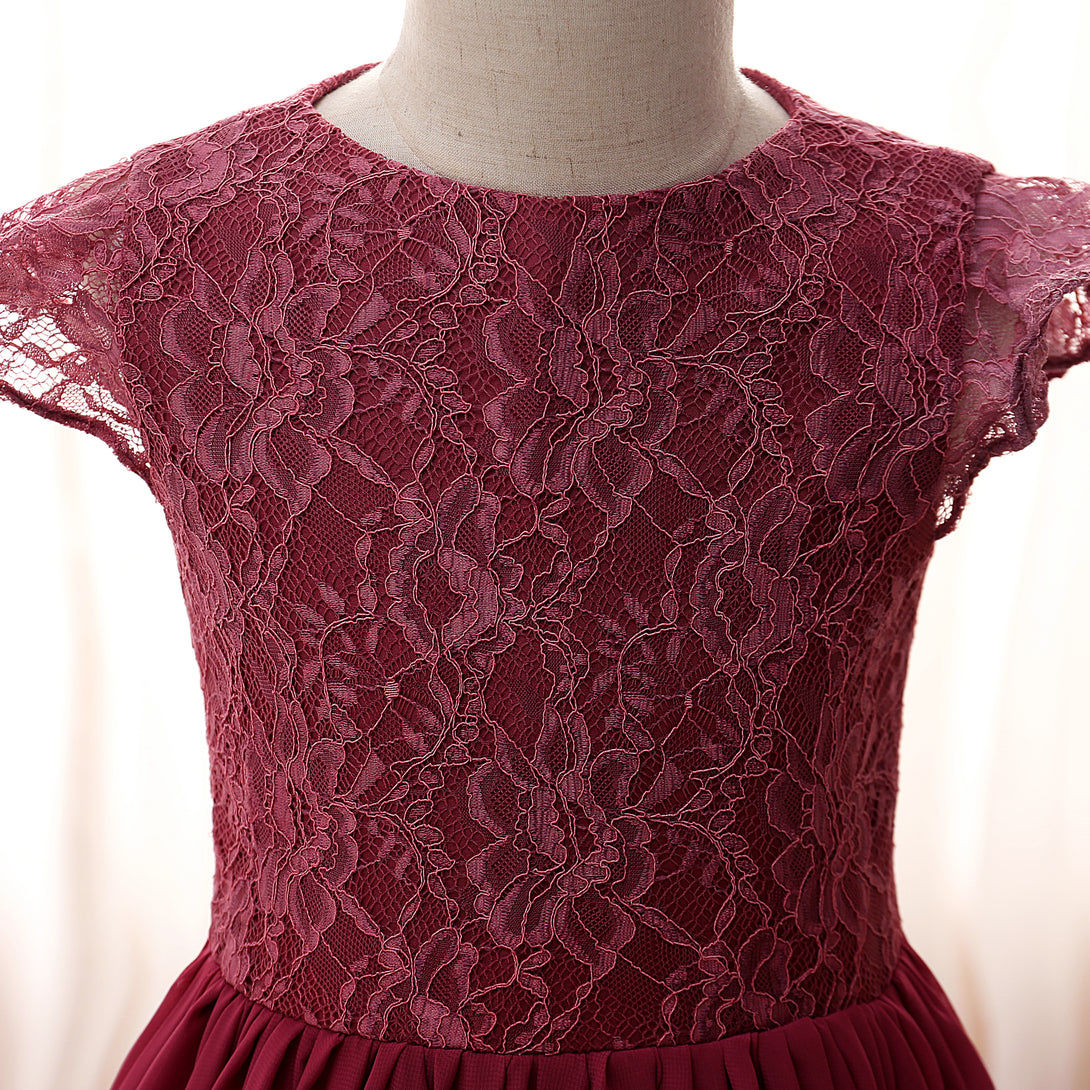 Boat Neck Flutter Straps Floor-Length Lace/Chiffon Girls Birthday Dresses With Ruffled Hem Gidiondress