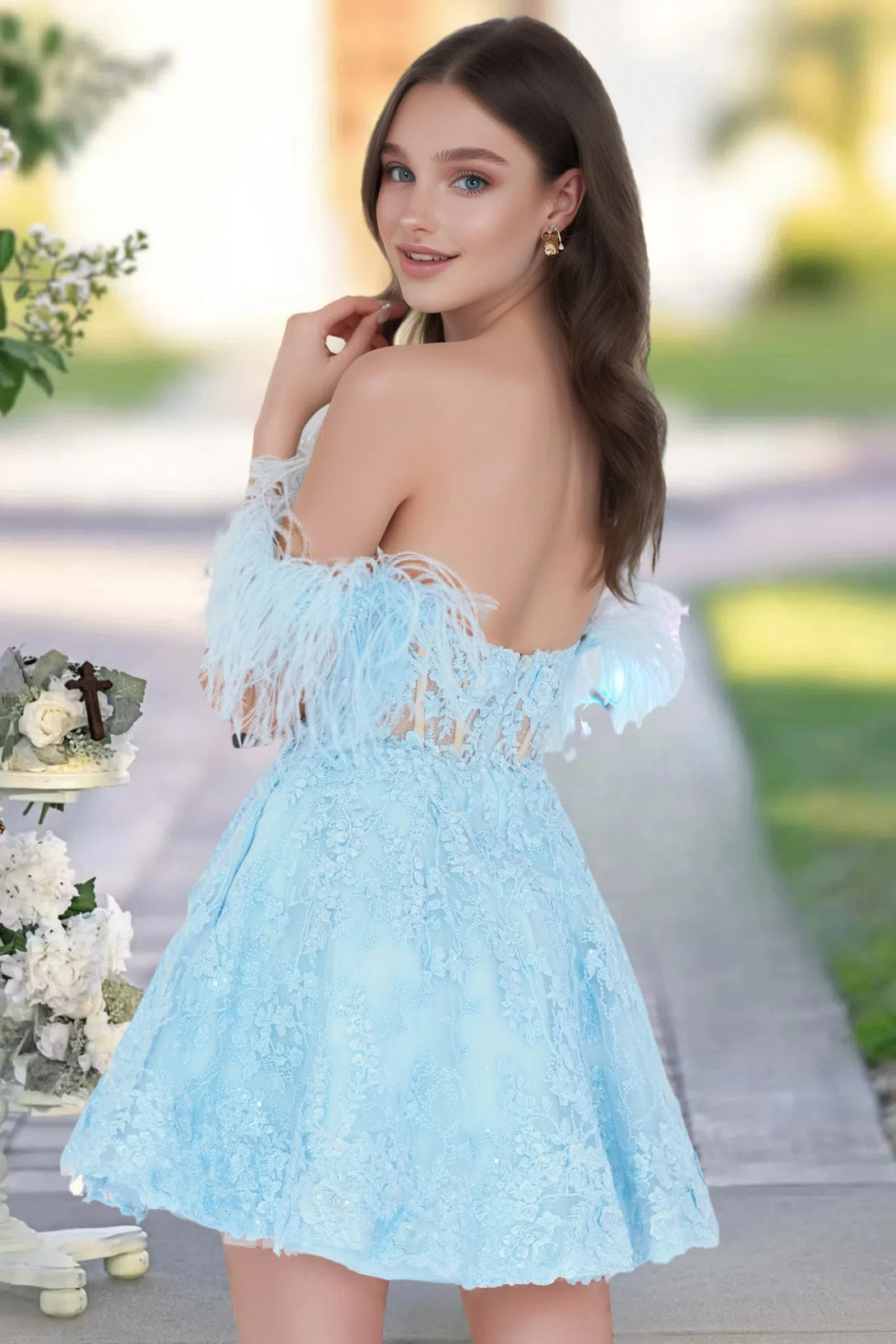 Off Shoulder Short Ruffle Lace Cocktail Dress Sky Blue Homecoming Dress BabaMila
