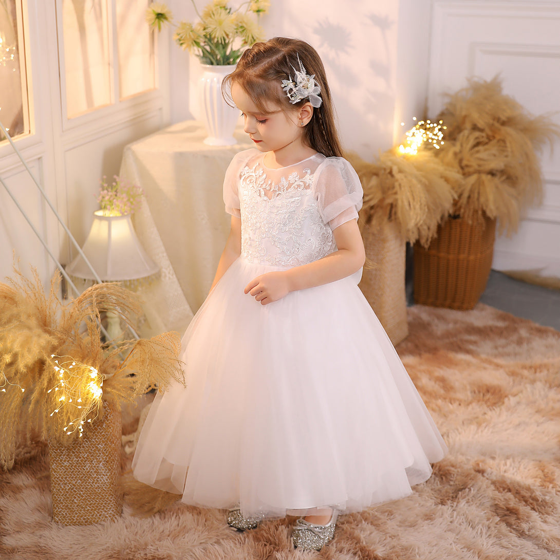 Ball Gown/Princess Scoop Neck Short Sleeve Lace/Tulle/Satin Ivory Tea-Length Flower Girl Dresses/Party Dresses With Appliques/Bow Girls Gidiondress